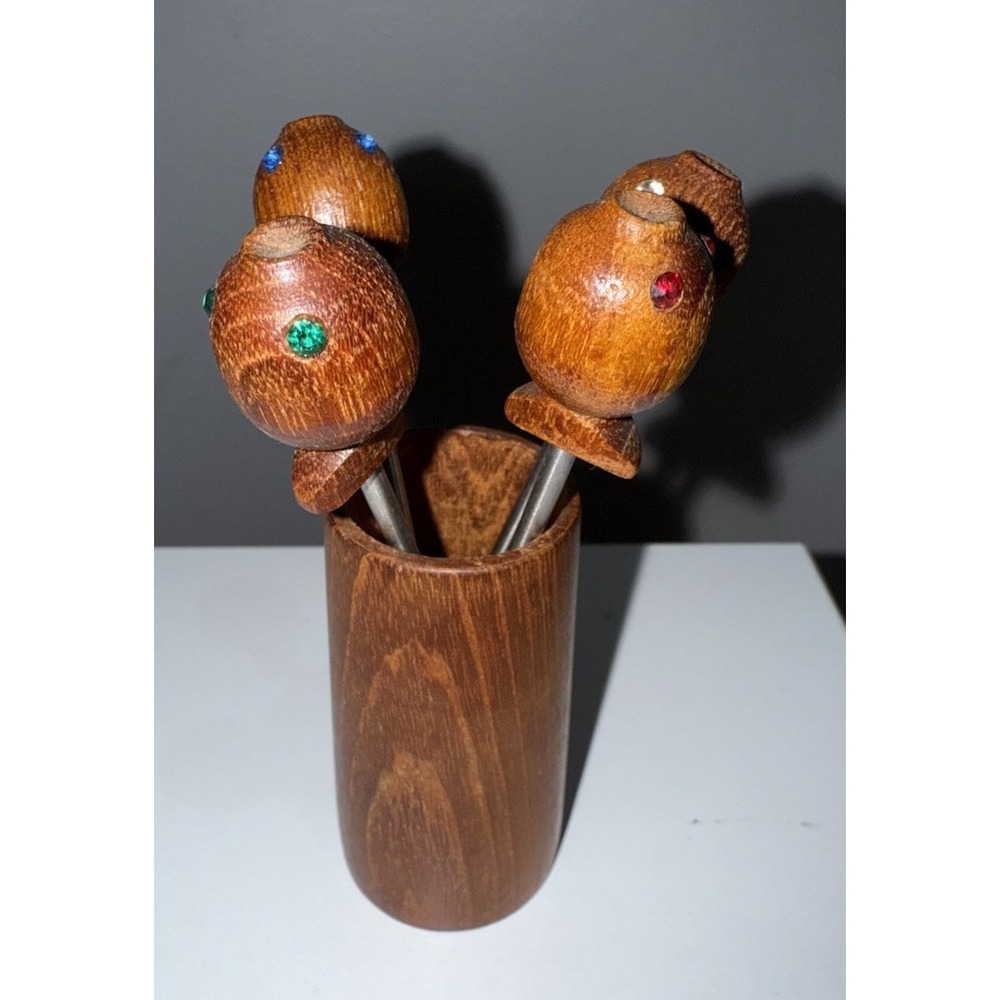 Vintage Fish Shaped Cocktail Fork Picks Teak Wood And Metal Made In Denmark